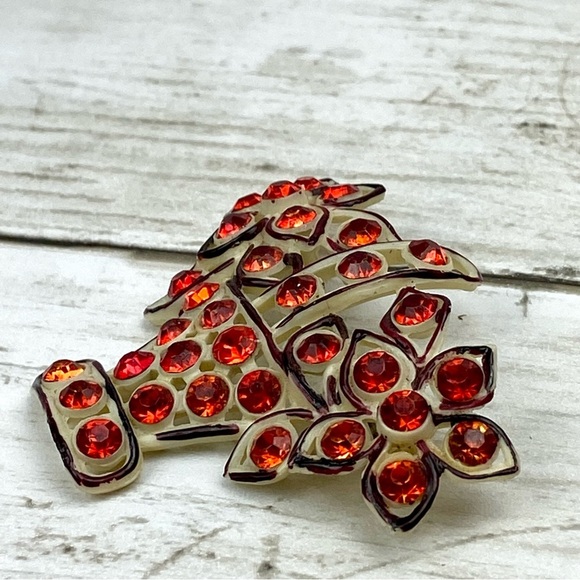 VINTAGE Celluloid Orange Rhinestone Enameled Flower Brooch Bouquet Pin - Picture 2 of 5